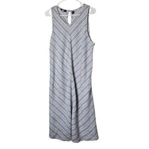 Lands End Womens Striped Sleeveless Linen Dress‎ Keyhole Back Pockets L Tall